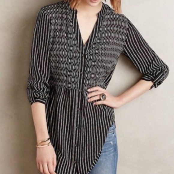 ANTHROPOLOGIE MAEVE | Long Sleeve Button Down Black & White Striped Top Shirt - Picture 1 of 7